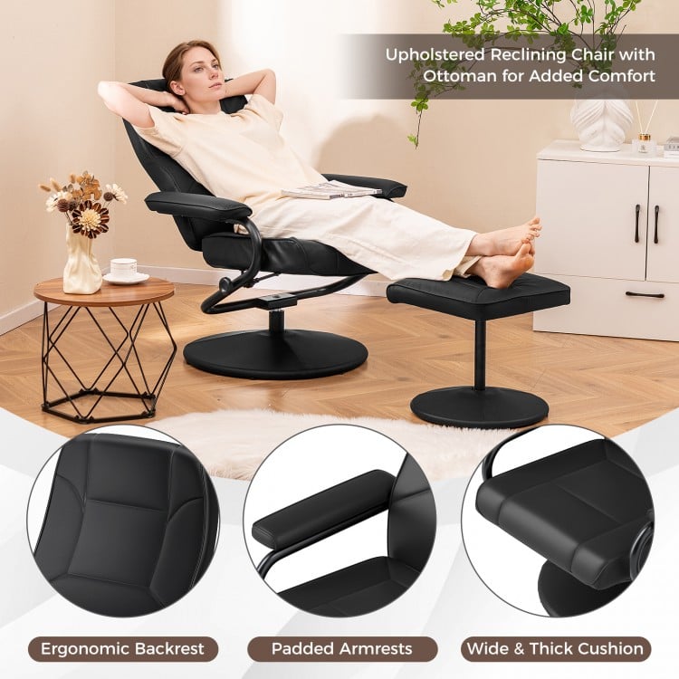 Swivel lounge chair recliner in black leather with ottoman, featuring ergonomic design and padded armrests for comfort.